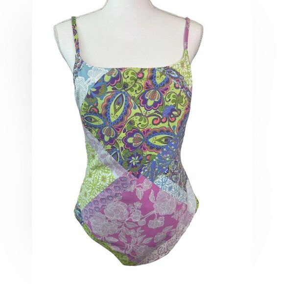 Garnet Hill One Piece Pastel Floral Patchwork Resort Swimsuit Size 14 - Picture 1 of 14